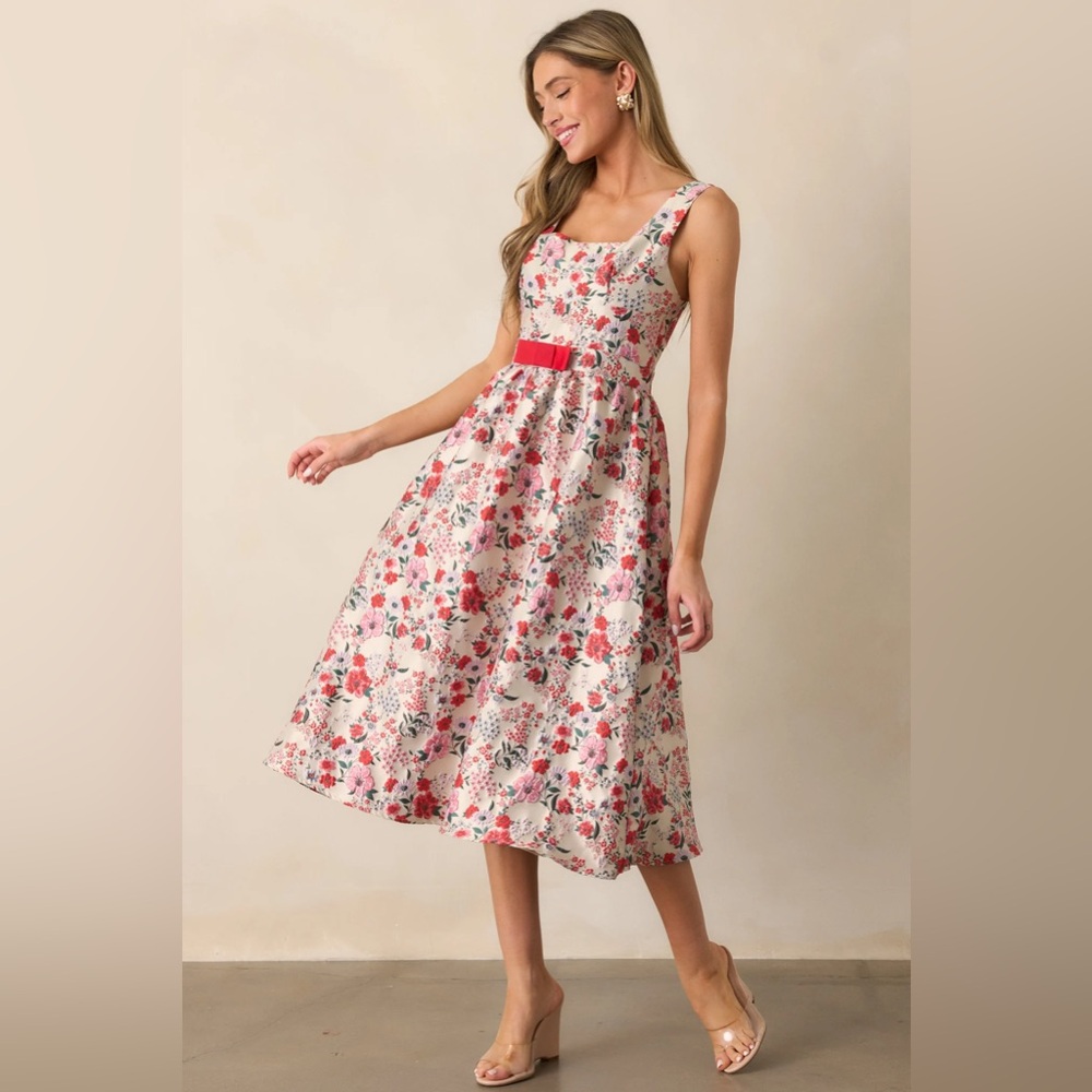 SUNLIT MORNINGS RED FLORAL JACQUARD MIDI DRESS Size S